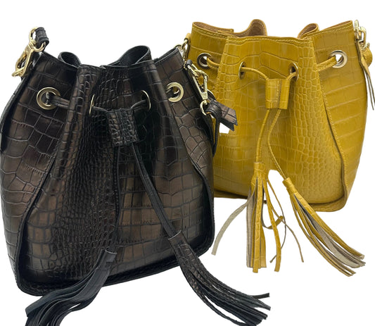 Italian Leather Textured Yellow Bucket Bag
