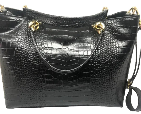 Textured Black Leather Handbag with Gold tone accent