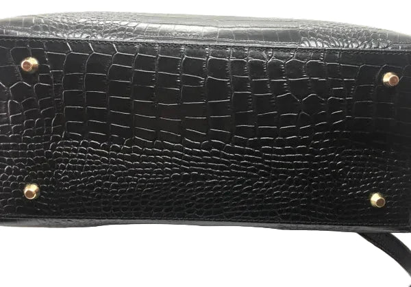 Textured Black Leather Handbag with Gold tone accent