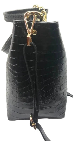 Textured Black Leather Handbag with Gold tone accent