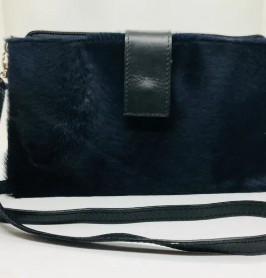 Navy Fur and Leather Italian Clutch