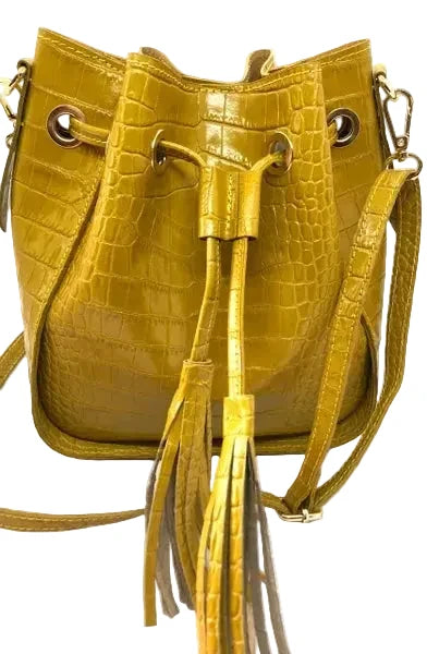Italian Leather Textured Yellow Bucket Bag
