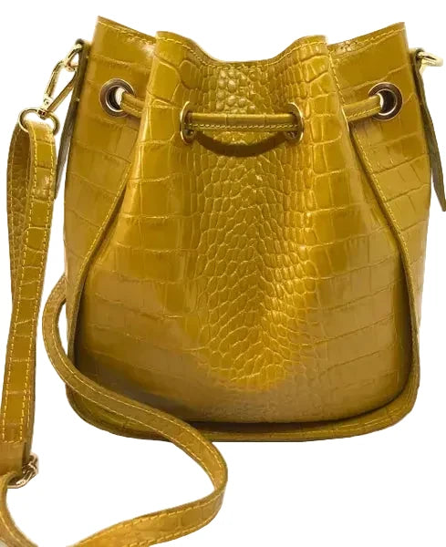 Italian Leather Textured Yellow Bucket Bag